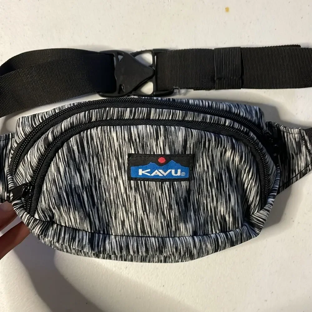 KAVU Spectator Waist Pack Black strip 9x5 Hike Urban Travel Black Fanny Pack